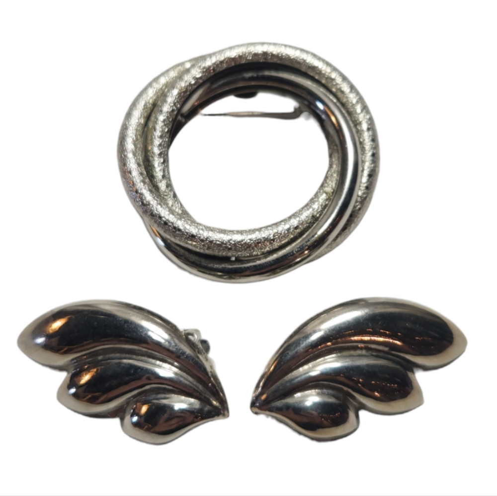 Vintage Silver Coiled Pin and Two Clip-On Earrings